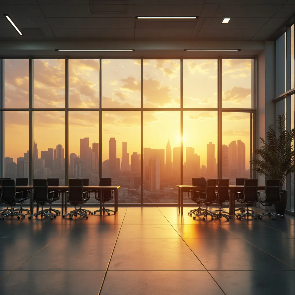 Escritório moderno com vista para uma cidade brasileira ao amanhecer