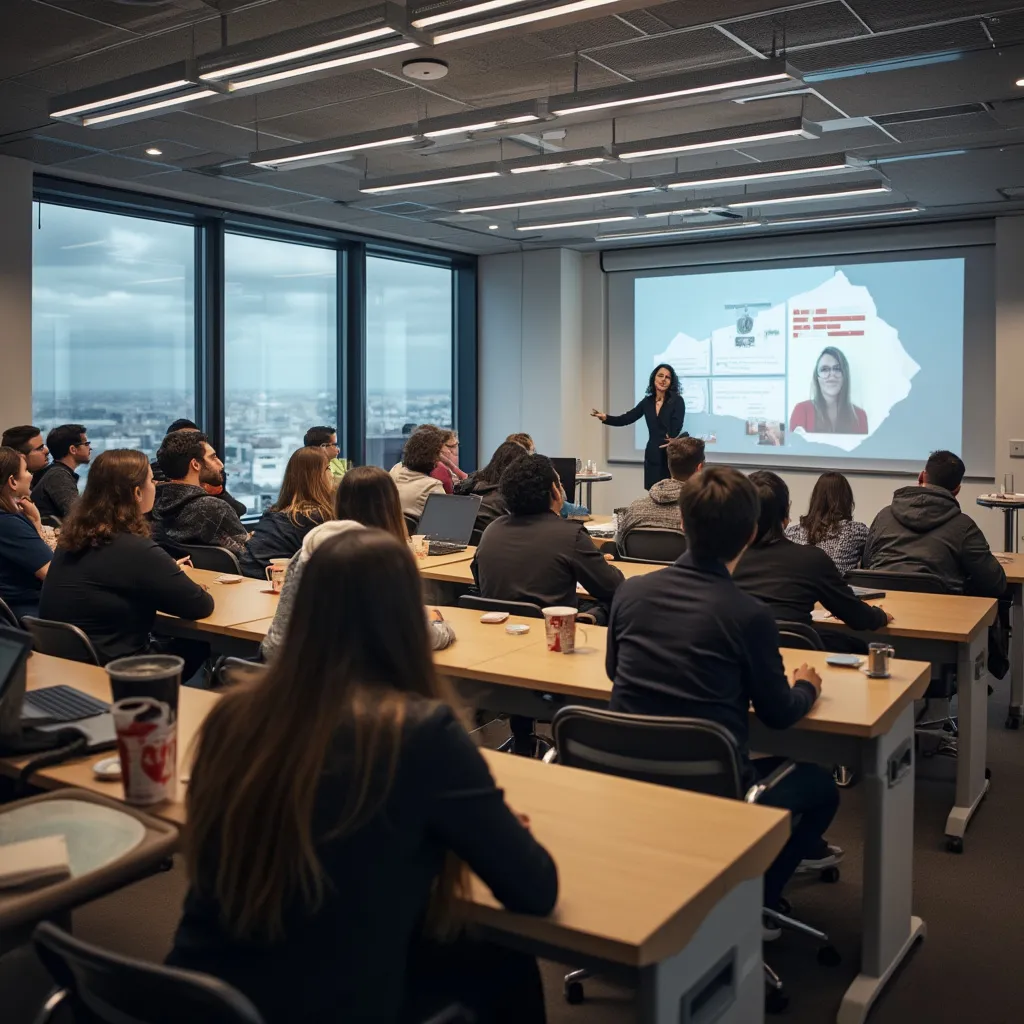 Sala de aula moderna com alunos interagindo