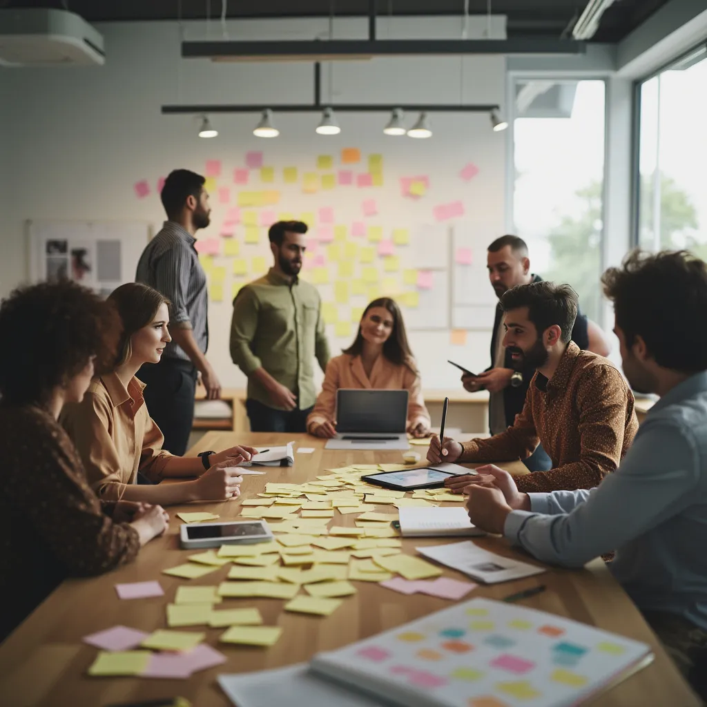 Equipe discutindo ideias inovadoras em um ambiente moderno